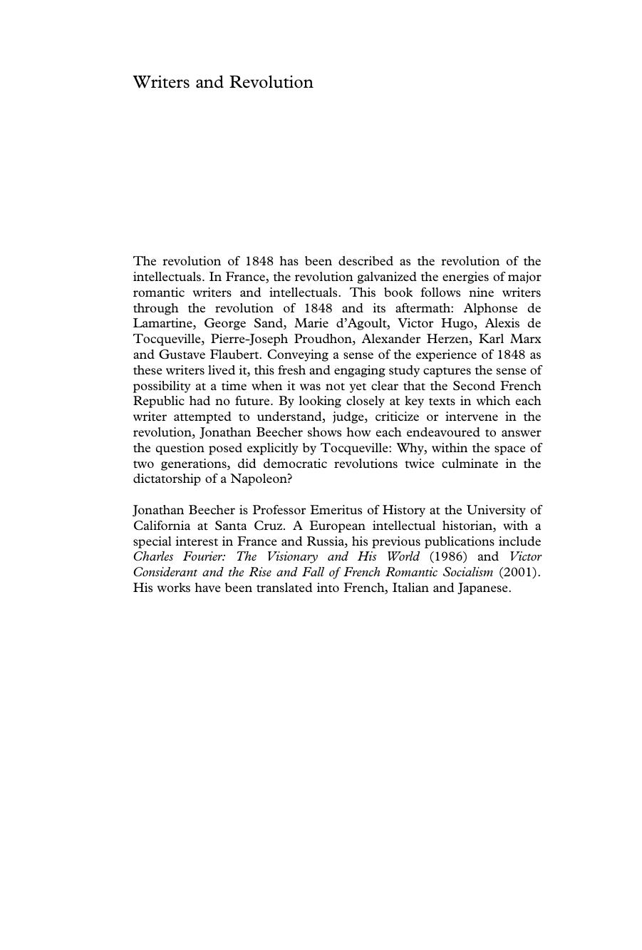 Writers and Revolution: Intellectuals and the French Revolution of 1848 by Jonathan Beecher