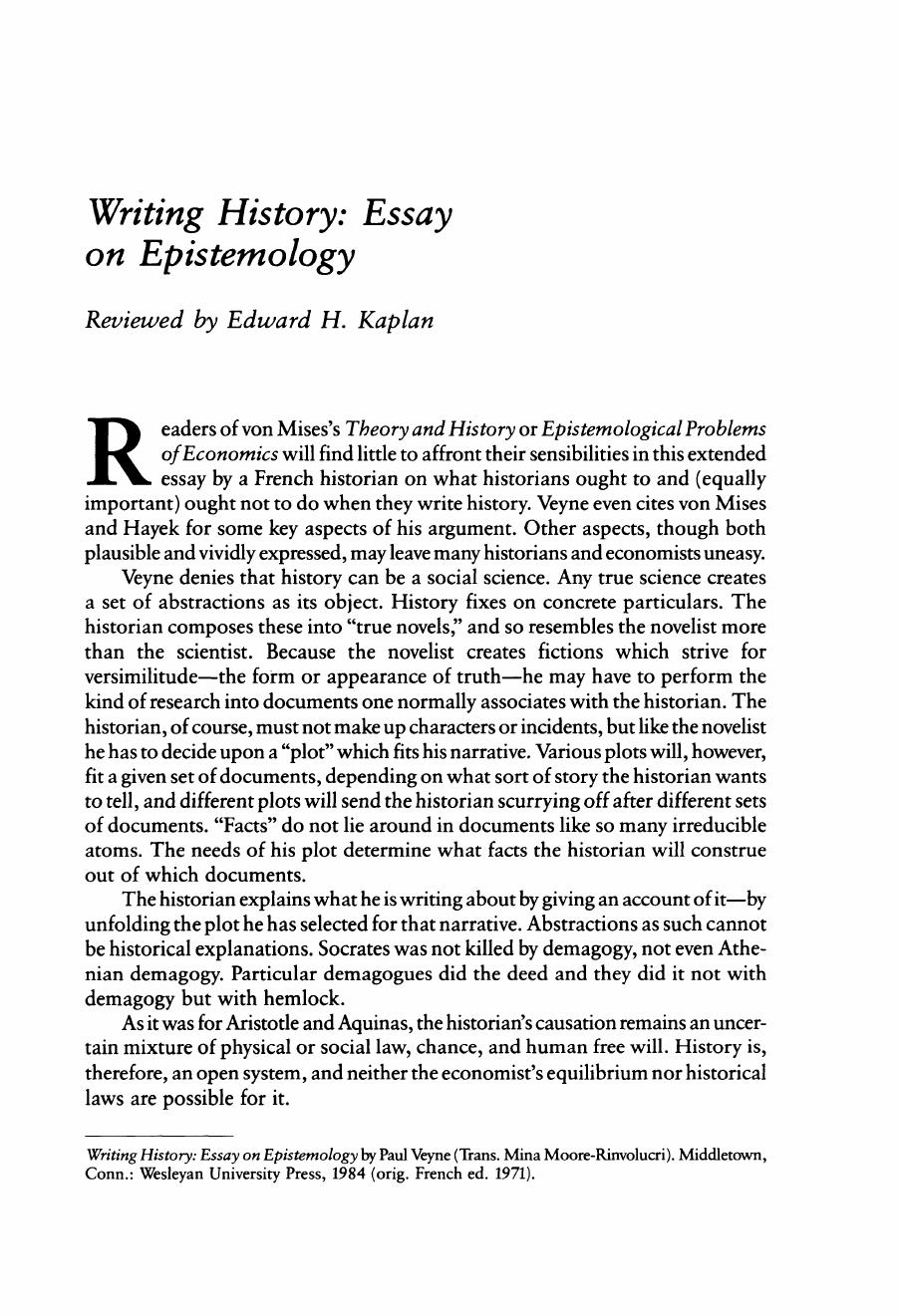 Writing History: Essay on Epistemology by Edward H. Kaplan