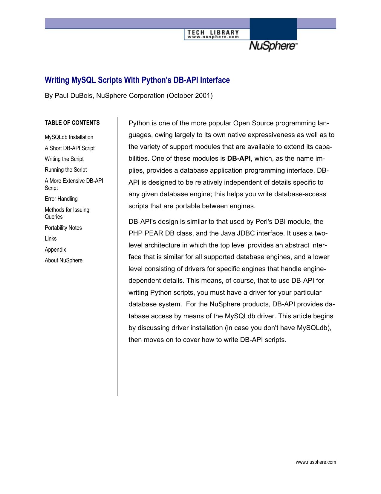 Writing MySQL Scripts with Python's DB-API Interface by NuSphere Corporation