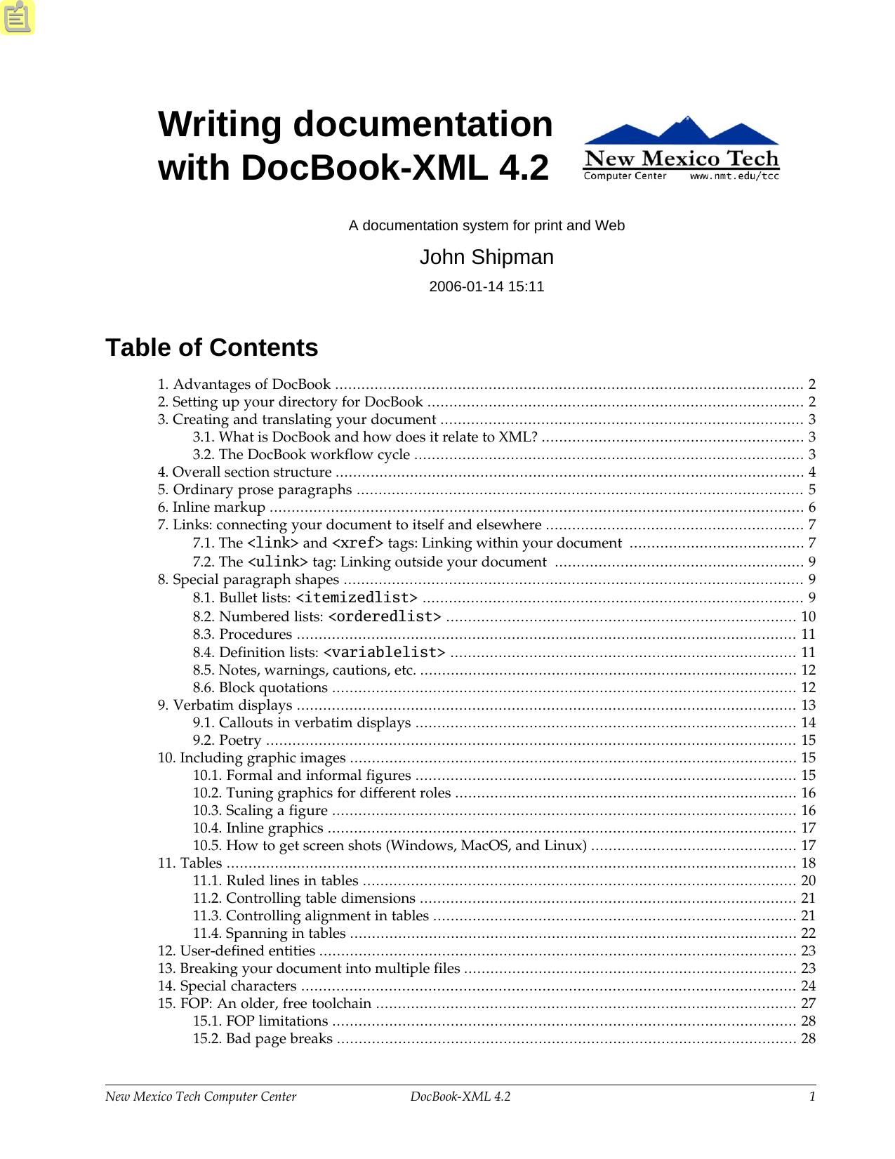 Writing documentation with DocBook-XML 4.2 by Shipman J
