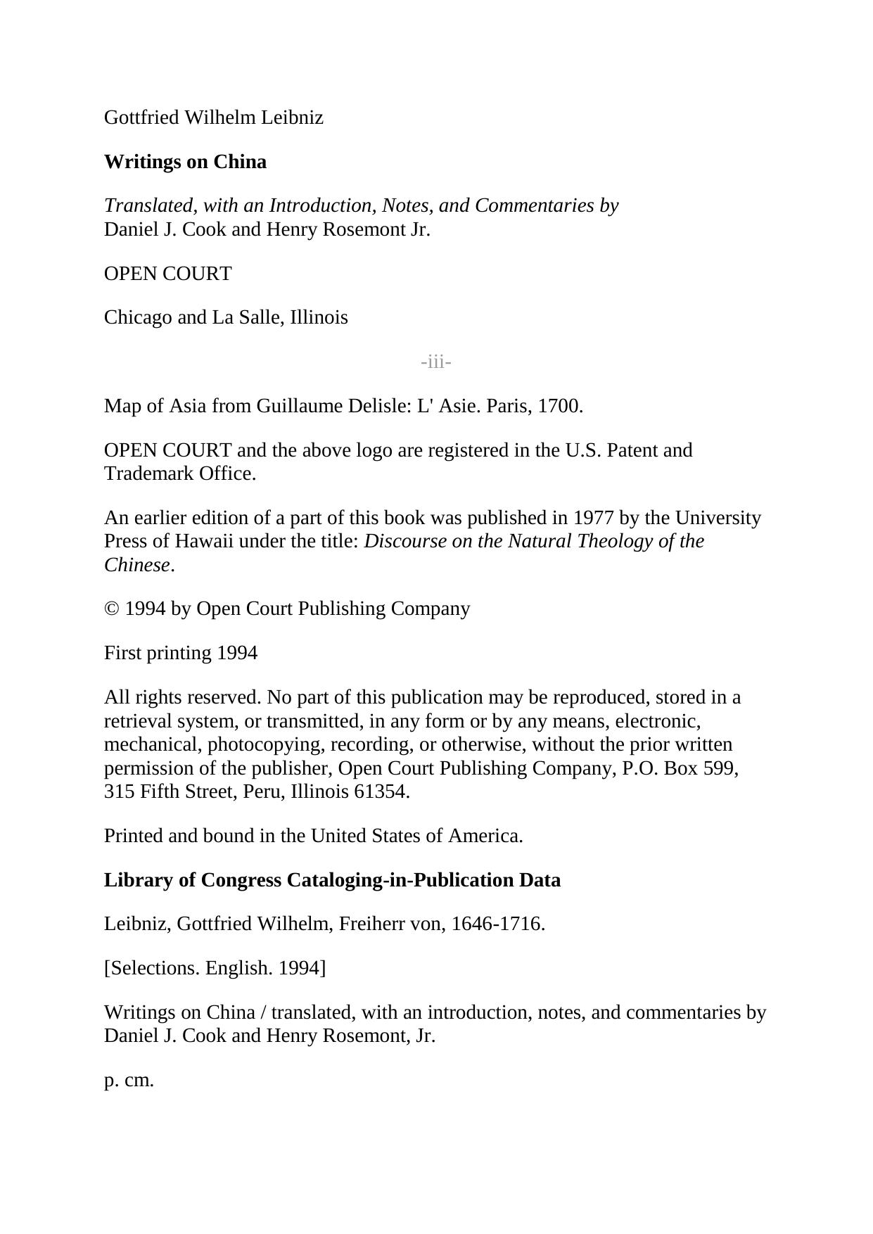 Writings on China by Gottfried Wilhelm Leibniz Daniel J. Cook Henry Rosemont Jr