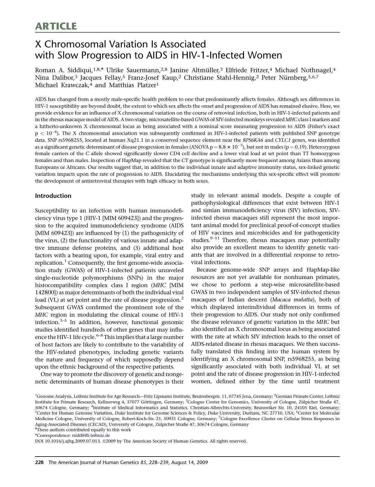 X Chromosomal Variation Is Associated with Slow Progression to AIDS in HIV-1-Infected Women by unknow