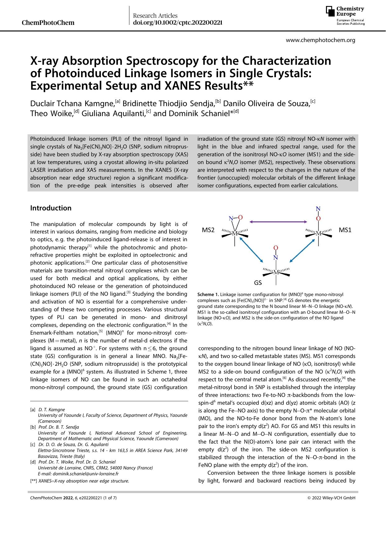 Xâray Absorption Spectroscopy for the Characterization of Photoinduced Linkage Isomers in Single Crystals: Experimental Setup and XANES Results by Unknown