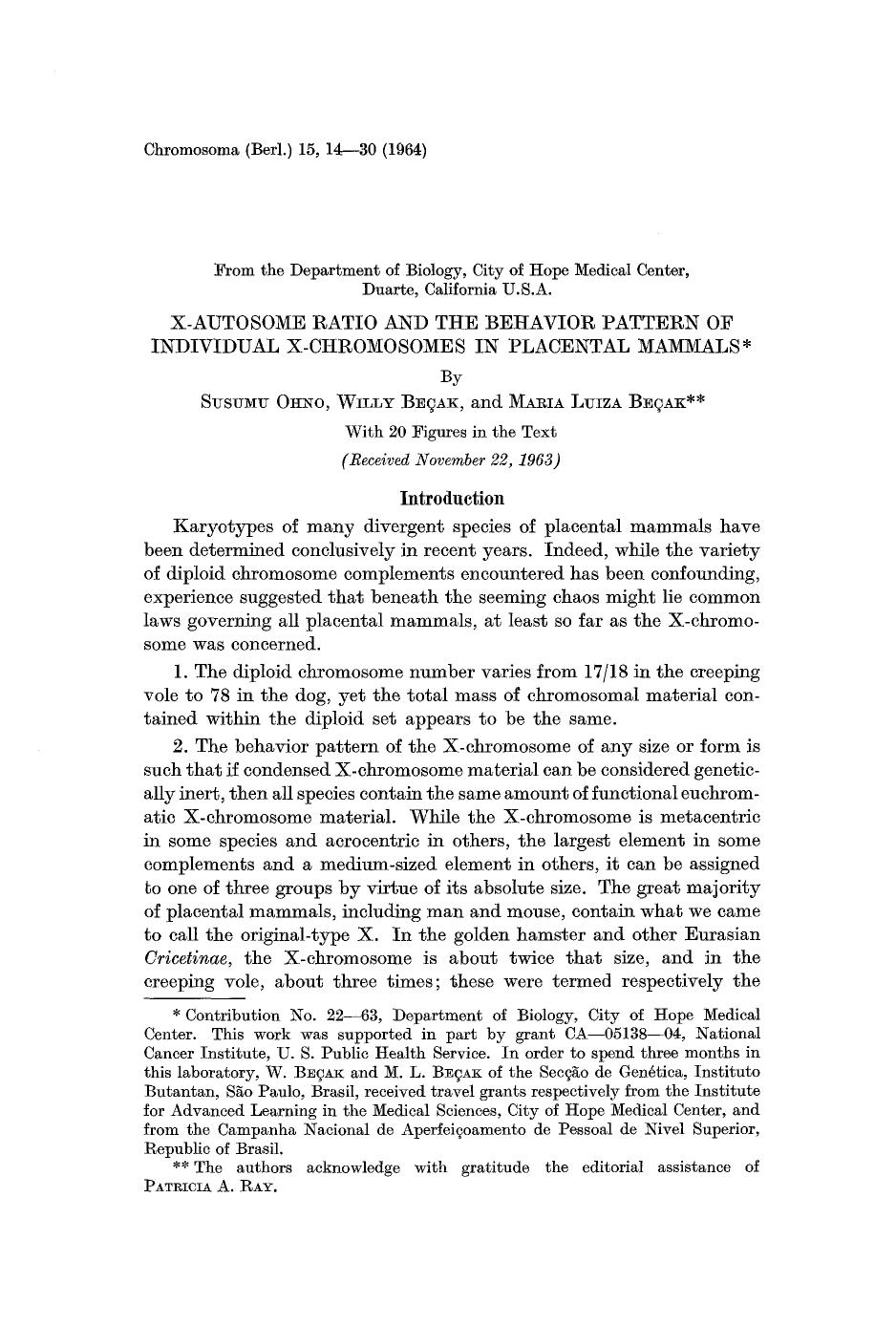 X-autosome ratio and the behavior pattern of individual X-chromosomes in placental mammals by Unknown
