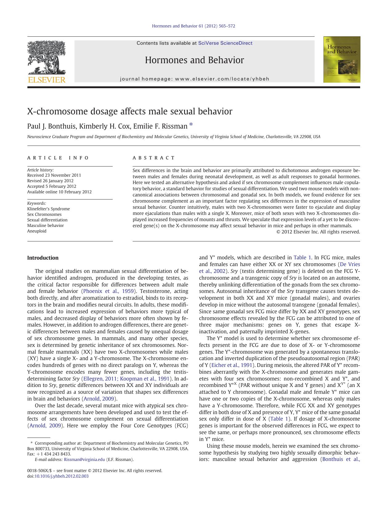 X-chromosome dosage affects male sexual behavior by Paul J. Bonthuis & Kimberly H. Cox & Emilie F. Rissman