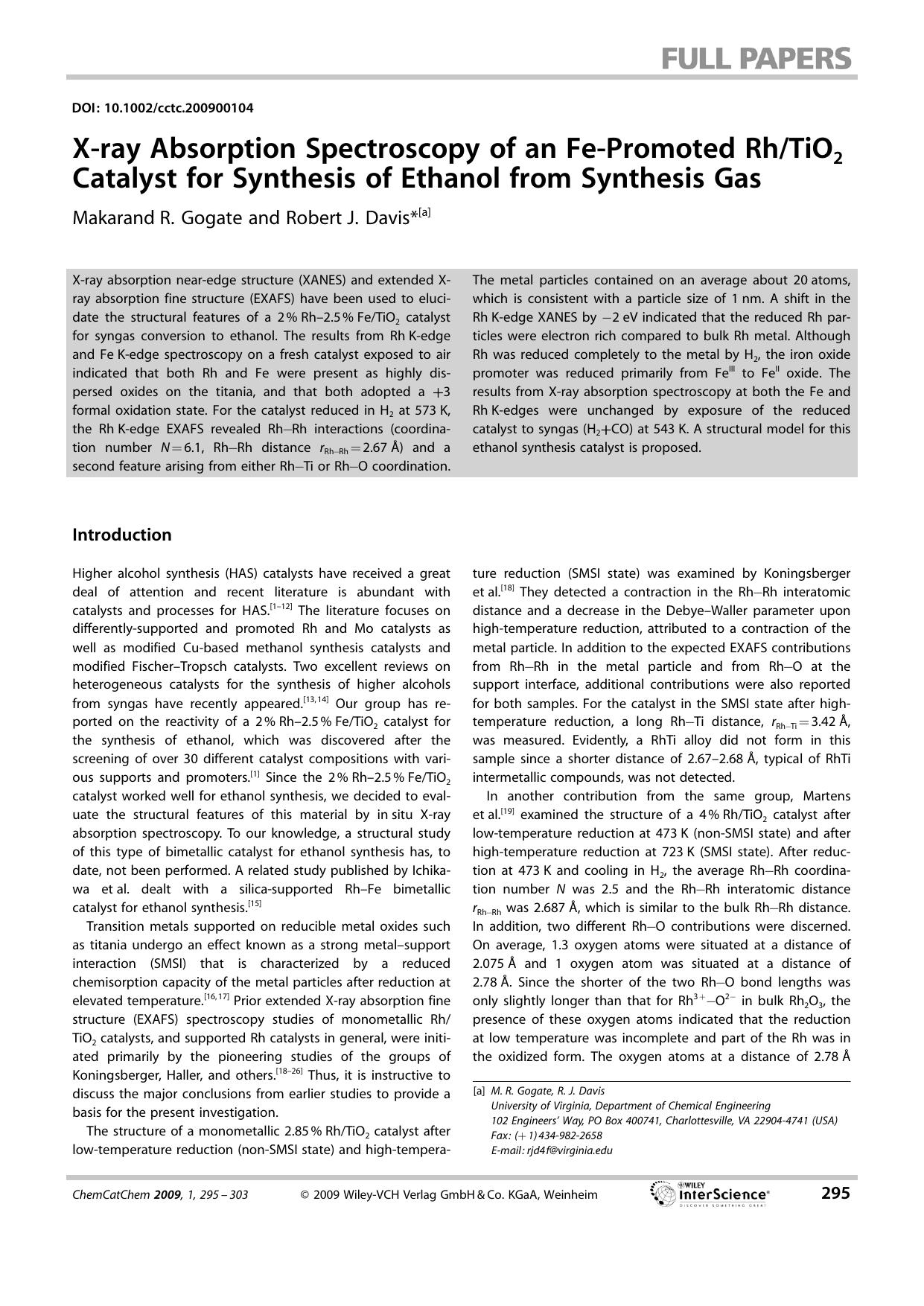 X-ray Absorption Spectroscopy of an Fe-Promoted RhTiO2 Catalyst for Synthesis of Ethanol from Synthesis Gas by Unknown