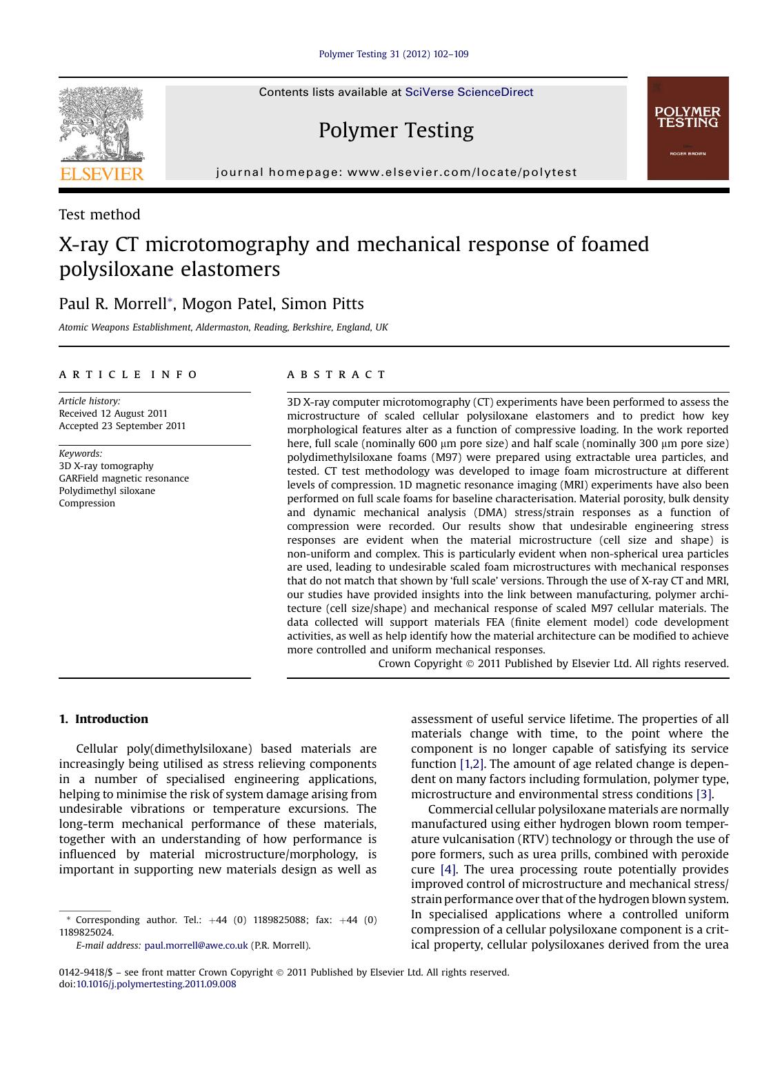 X-ray CT microtomography and mechanical response of foamed polysiloxane elastomers by Paul R. Morrell & Mogon Patel & Simon Pitts