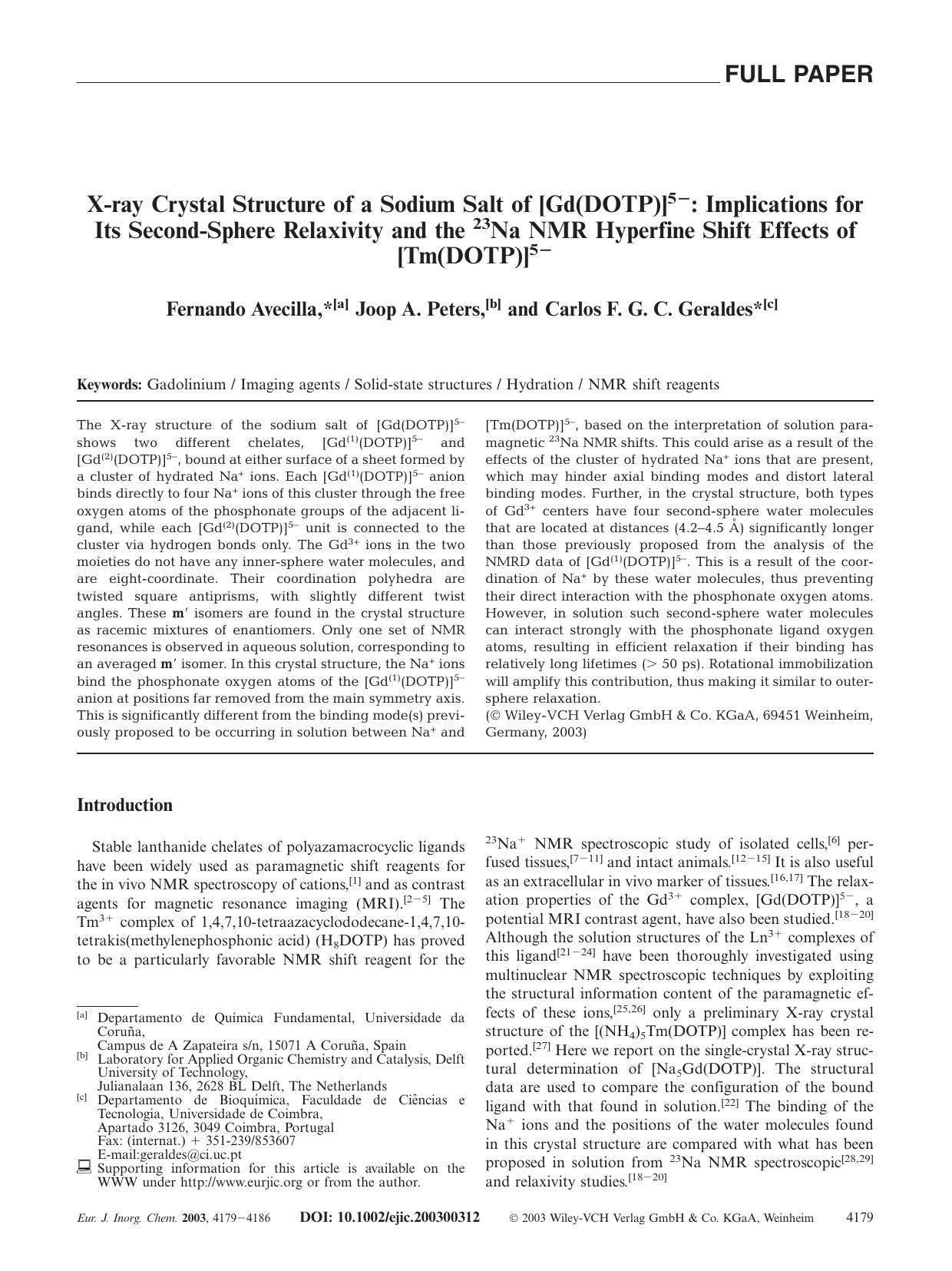 X-ray Crystal Structure of a Sodium Salt of [Gd(DOTP)]5-: Implications for Its Second-Sphere Relaxivity and the 23Na NMR Hyperfine Shift Effects of [Tm(DOTP)]5- by Unknown