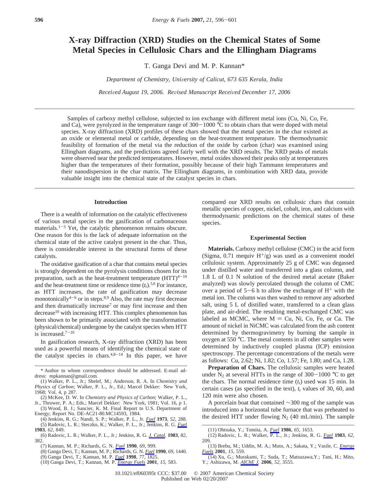 X-ray Diffraction (XRD) Studies on the Chemical States of Some Metal Species in Cellulosic Chars and the Ellingham Diagrams by Unknown