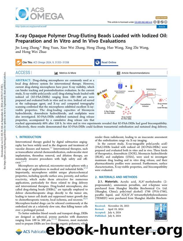 X-ray Opaque Polymer Drug-Eluting Beads Loaded with Iodized Oil: Preparation and In Vitro and In Vivo Evaluations by Jin Long Zhang Bing Yuan Xiao Wei Zhang Heng Zhang Hao Wang Xing Zhi Wang & Hong Wei Zhao