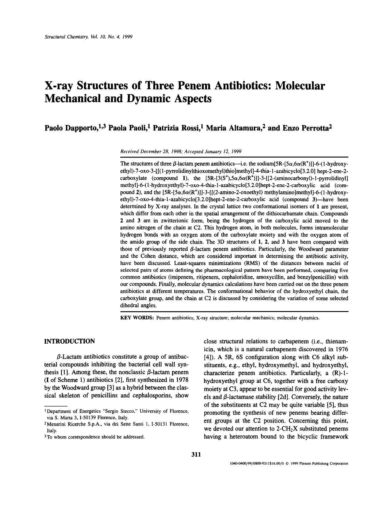 X-ray Structures of Three Penem Antibiotics: Molecular Mechanical and Dynamic Aspects by Unknown