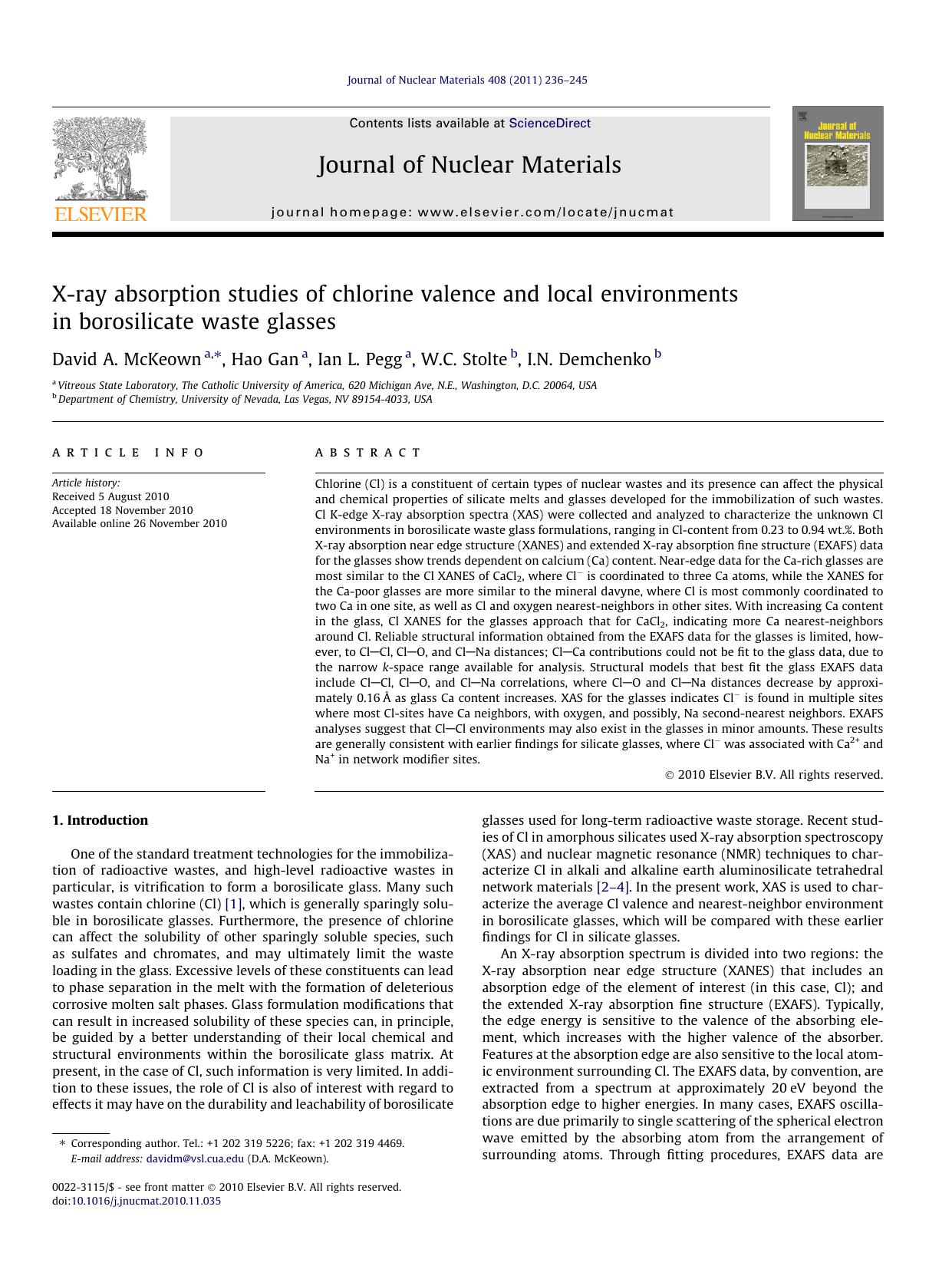 X-ray absorption studies of chlorine valence and local environments in borosilicate waste glasses by David A. McKeown & Hao Gan & Ian L. Pegg & W.C. Stolte & I.N. Demchenko