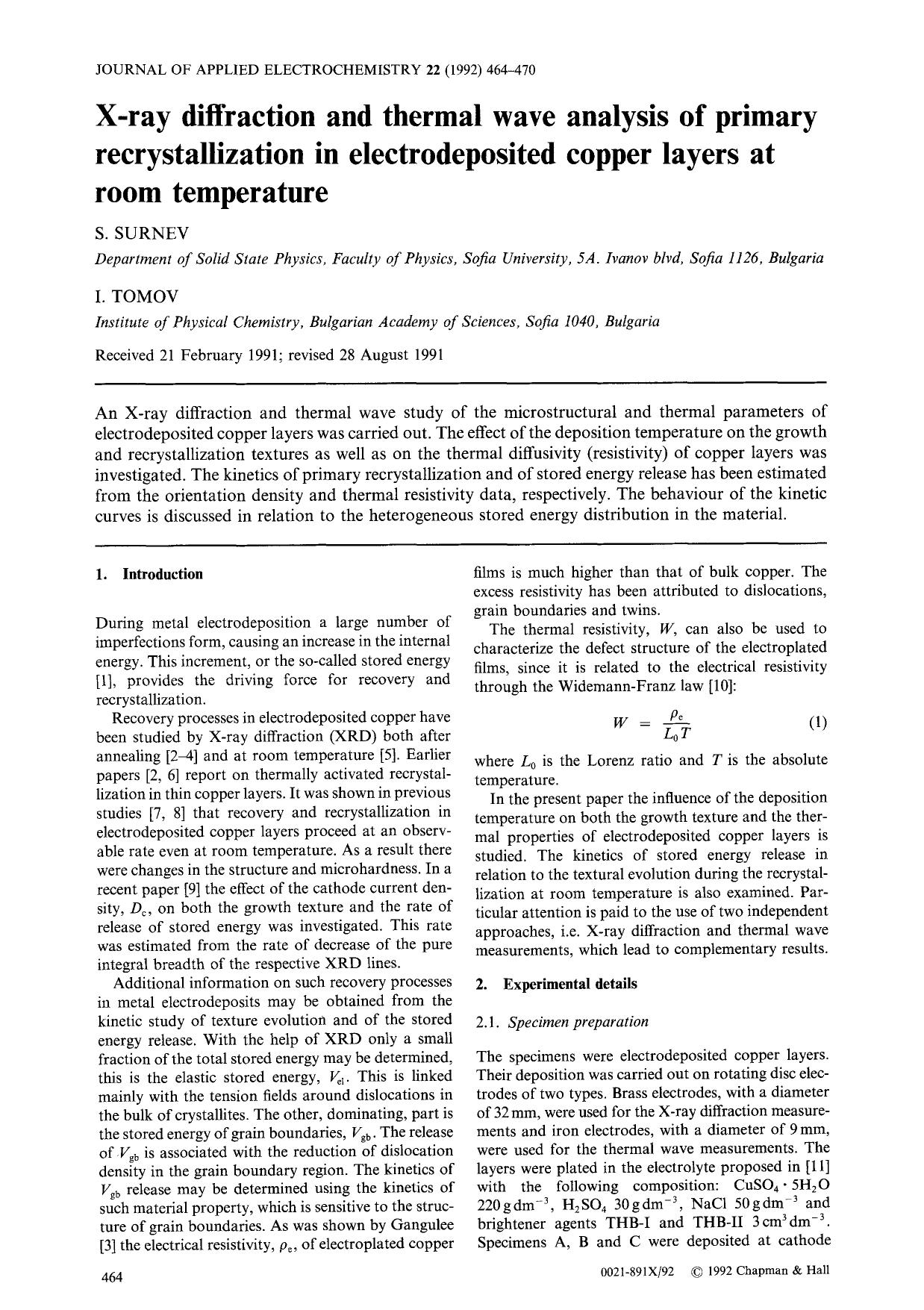 X-ray diffraction and thermal wave analysis of primary recrystallization in electrodeposited copper layers at room temperature by Unknown