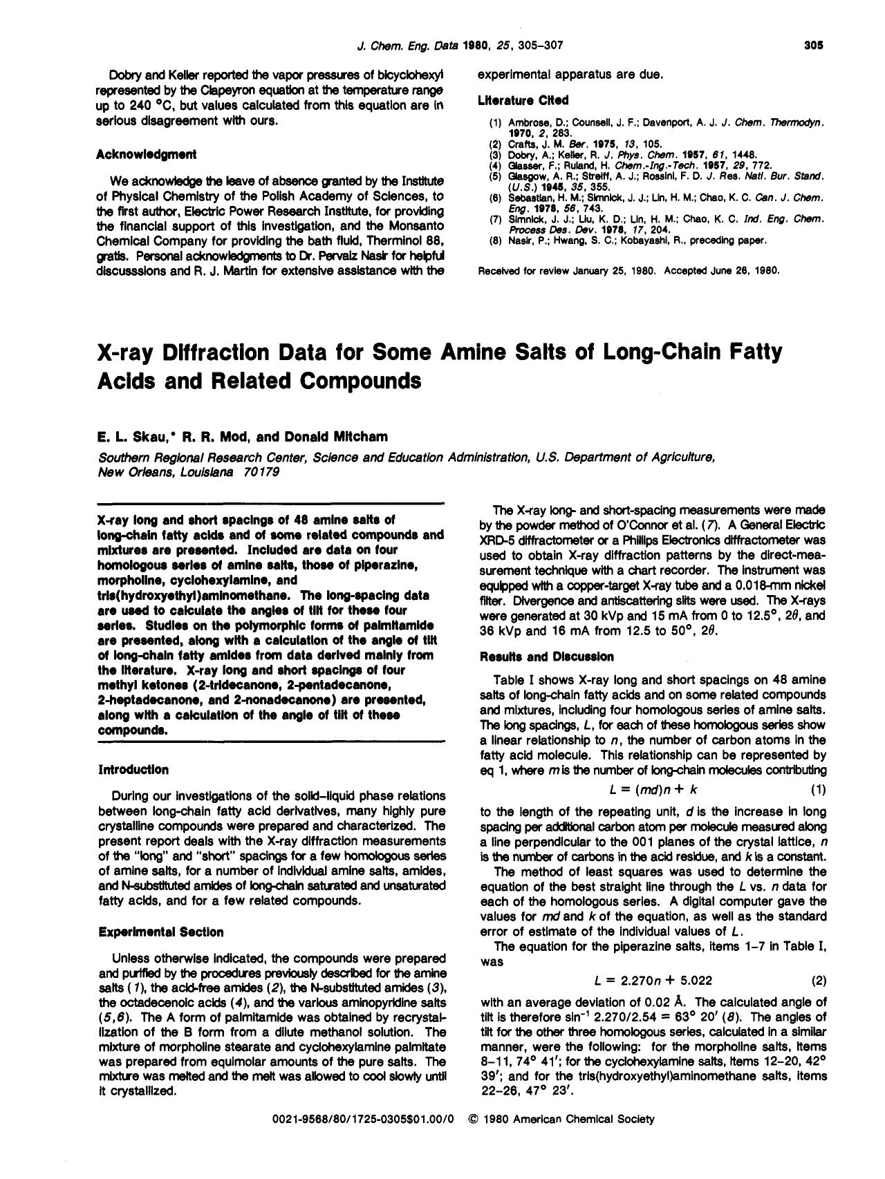 X-ray diffraction data for some amine salts of long-chain fatty acids and related compounds by E. L. Skau R. R. Mod Donald Mitcham