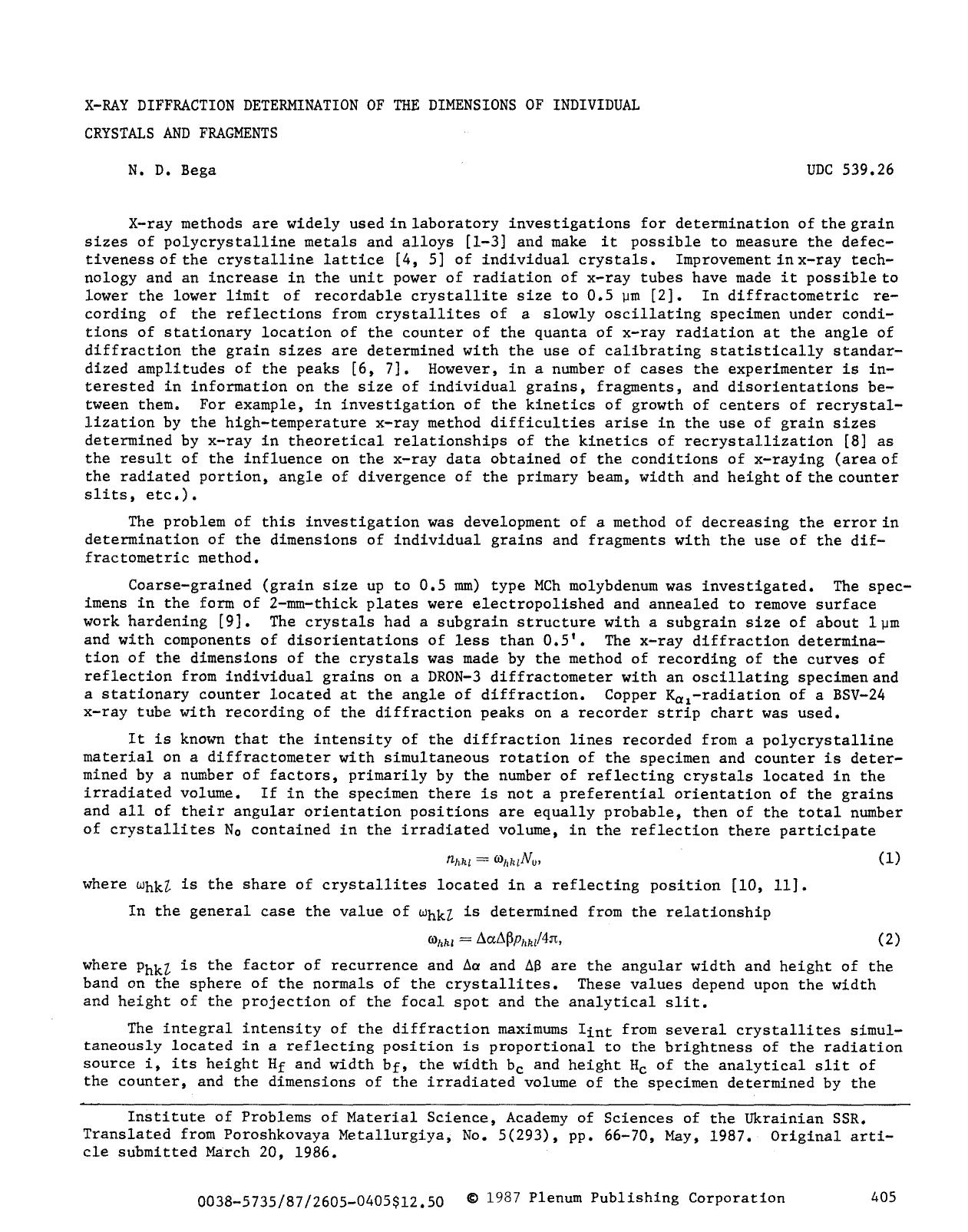 X-ray diffraction determination of the dimensions of individual crystals and fragments by Unknown