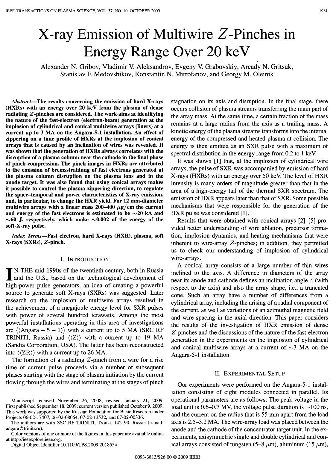 X-ray emission of multiwire Z-pinches in energy range over 20 keV by Gribov A.N. Aleksandrov V.V. Grabovskiy E.V. et al