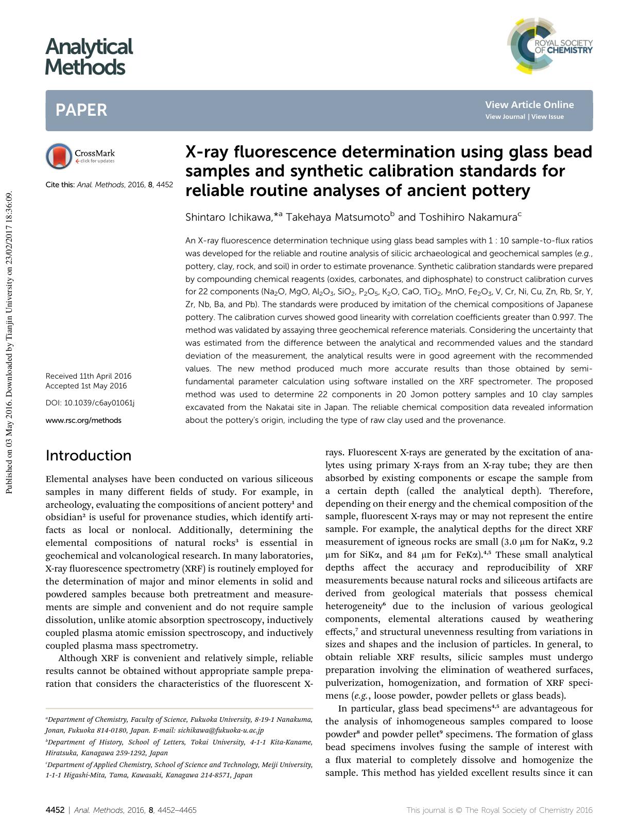 X-ray fluorescence determination using glass bead samples and synthetic calibration standards for reliable routine analyses of ancient pottery by Shintaro Ichikawa & Takehaya Matsumoto & Toshihiro Nakamura