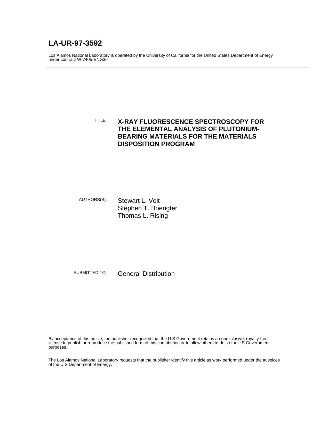 X-ray fluorescence spectroscopy for the elemental analysis of plutonium-bearing materials for the materials disposition program LA-UR-97-3592 by Allan.M