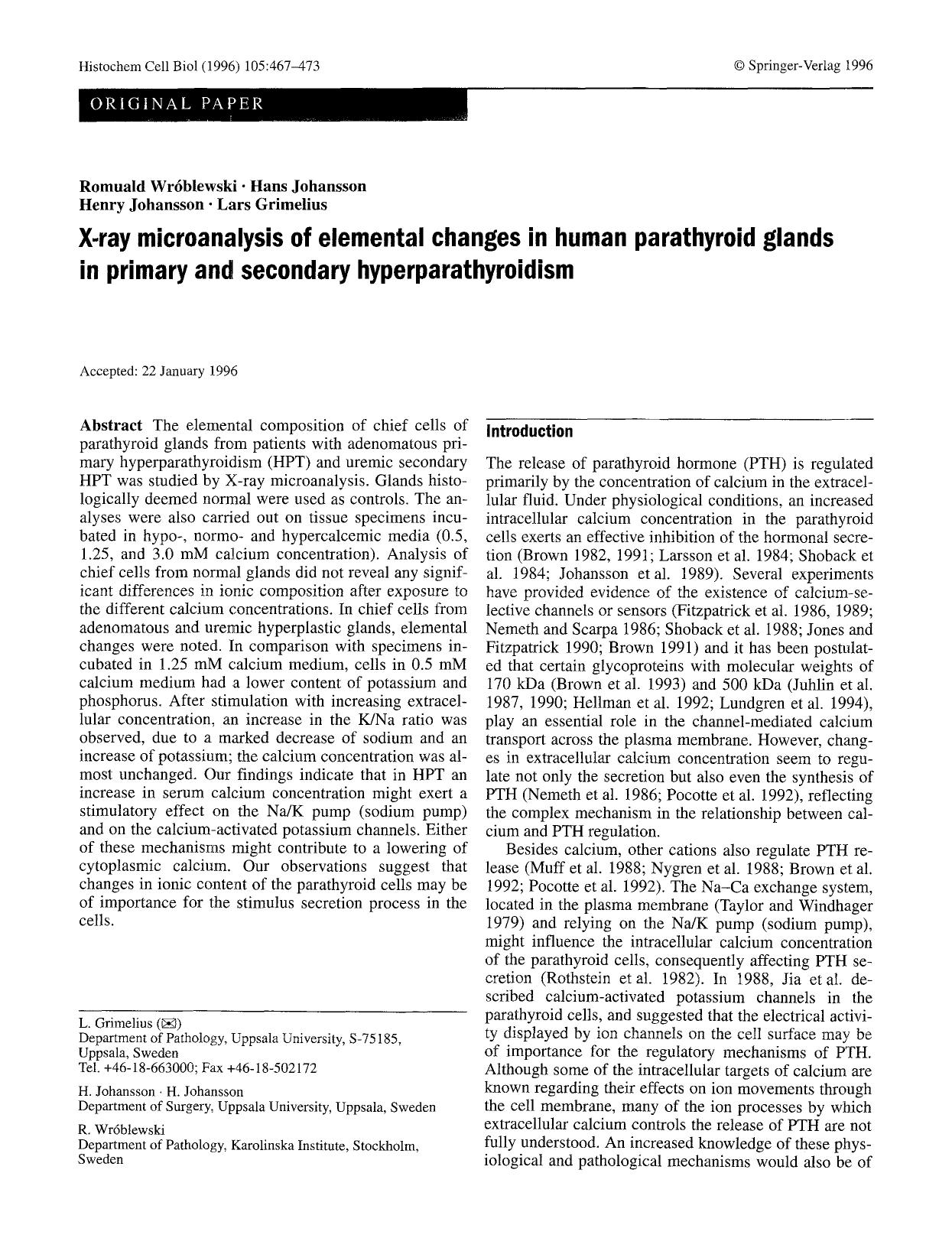X-ray microanalysis of elemental changes in human parathyroid glands in primary and secondary hyperparathyroidism by Unknown