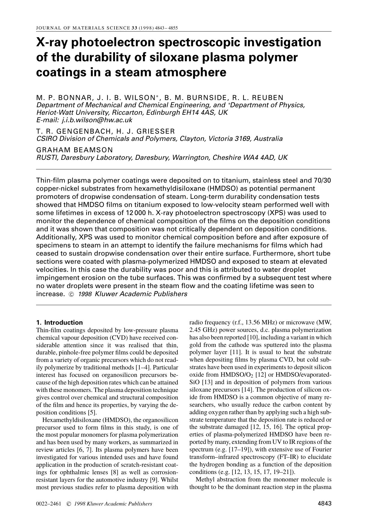 X-ray photoelectron spectroscopic investigation of the durability of siloxane plasma polymer coatings in a steam atmosphere by Unknown