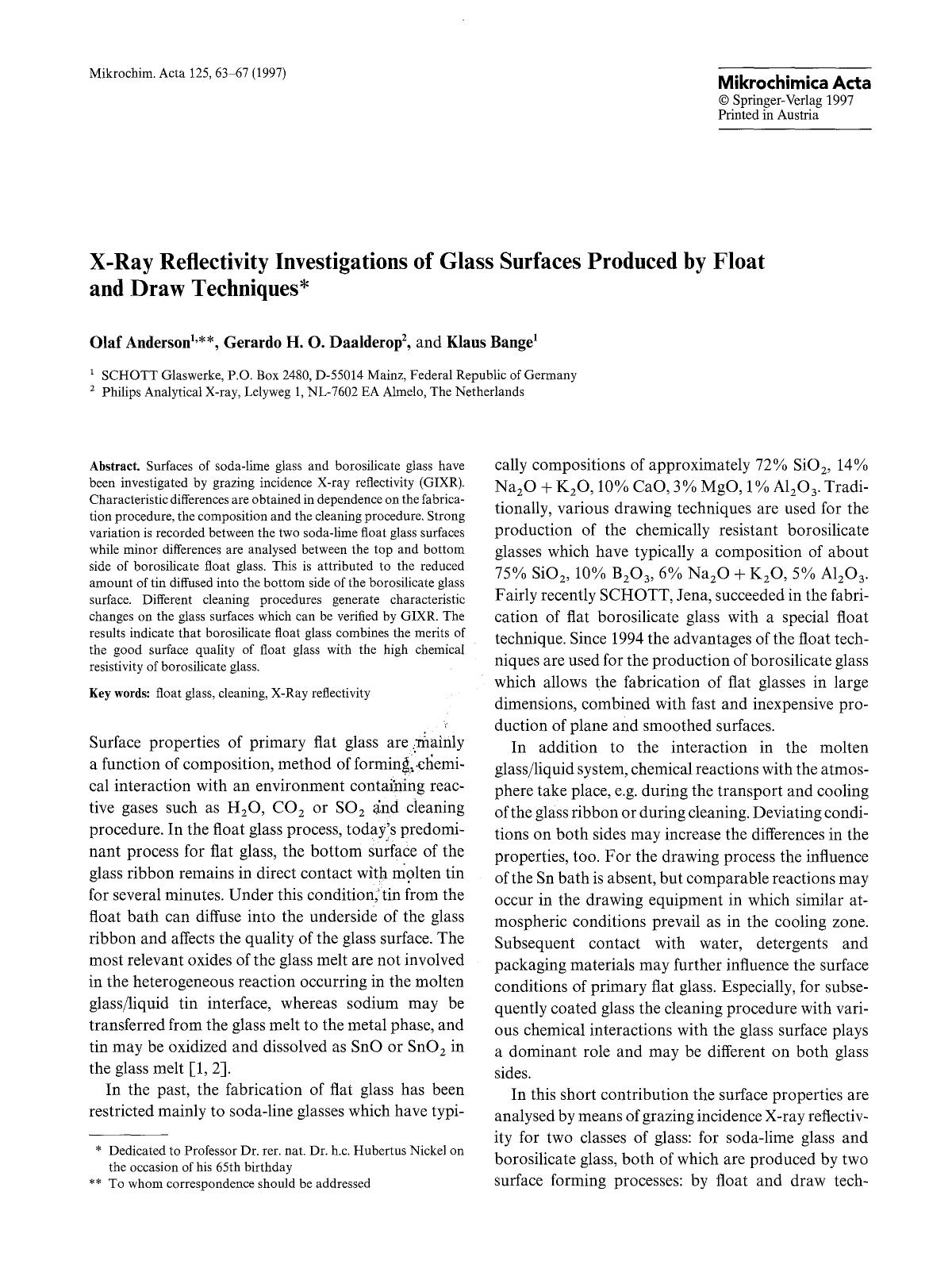 X-ray reflectivity investigations of glass surfaces produced by float and draw techniques by Unknown