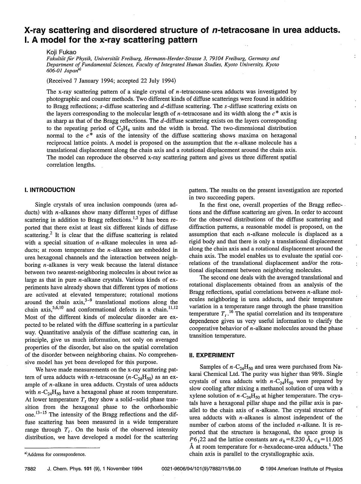 X-ray scattering and disordered structure of n-tetracosane in urea adducts. I. A model for the x-ray scattering pattern by Koji Fukao
