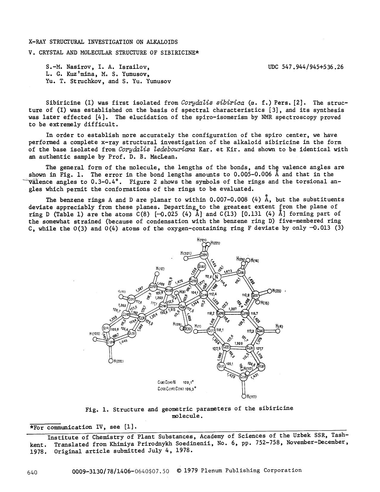 X-ray structural investigation on alkaloids V. Crystal and molecular structure of sibiricine by Unknown