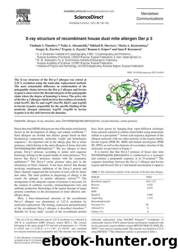 X-ray structure of recombinant house dust mite allergen Der p 3 by unknow
