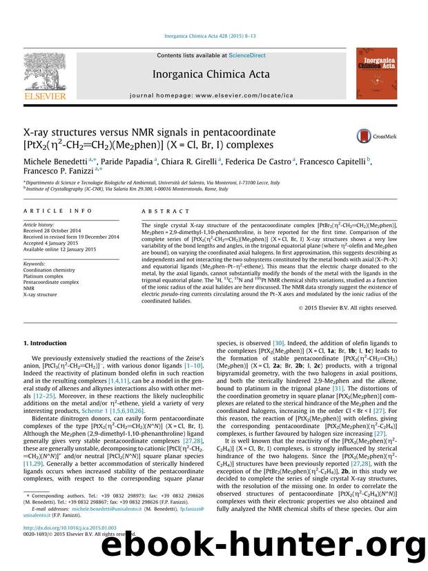 X-ray structures versus NMR signals in pentacoordinate [PtX2(ÃÂ·2-CH2CH2)(Me2phen)] (X=Cl, Br, I) complexes by unknow