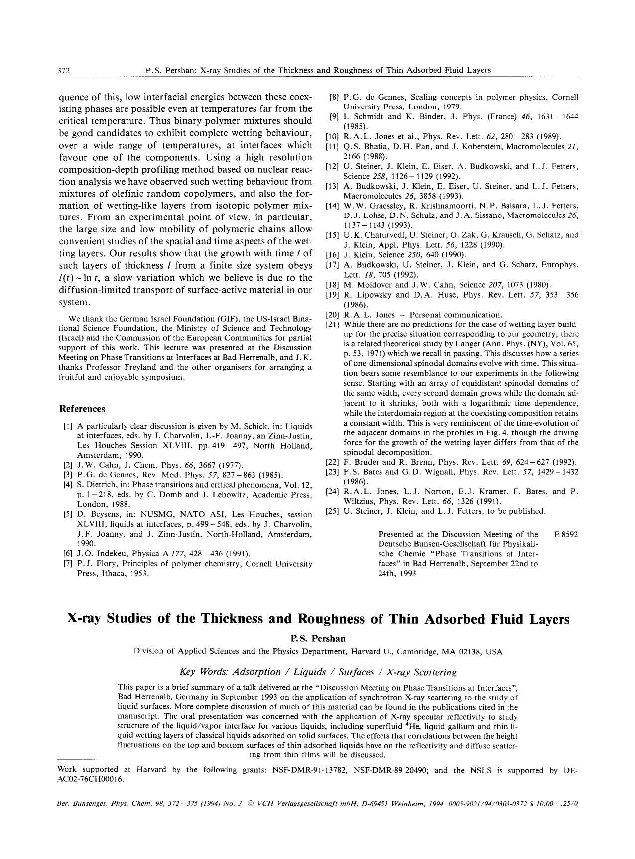 X-ray studies of the thickness and roughness of thin adsorbed fluid layers by Unknown