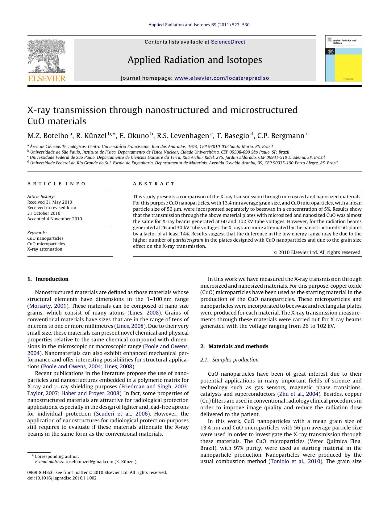 X-ray transmission through nanostructured and microstructured CuO materials by M.Z. Botelho & R. Künzel & E. Okuno & R.S. Levenhagen & T. Basegio & C.P. Bergmann