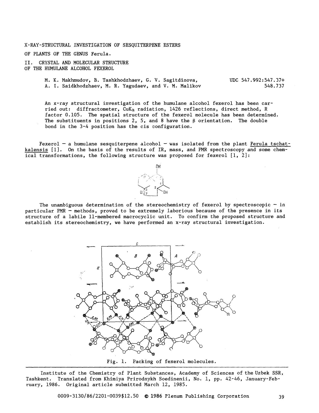 X-ray-structural investigation of sesquiterpene esters of plants of the genus Ferula. II. Crystal and molecular structure of the humulane alcohol fexerol by Unknown