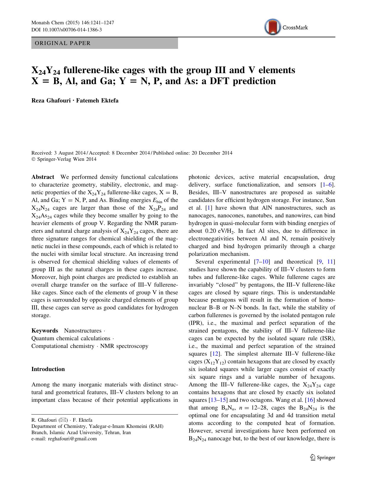 X24Y24 fullerene-like cages with the group III and V elements X = B, Al, and Ga; Y = N, P, and As: a DFT prediction by Reza Ghafouri & Fatemeh Ektefa