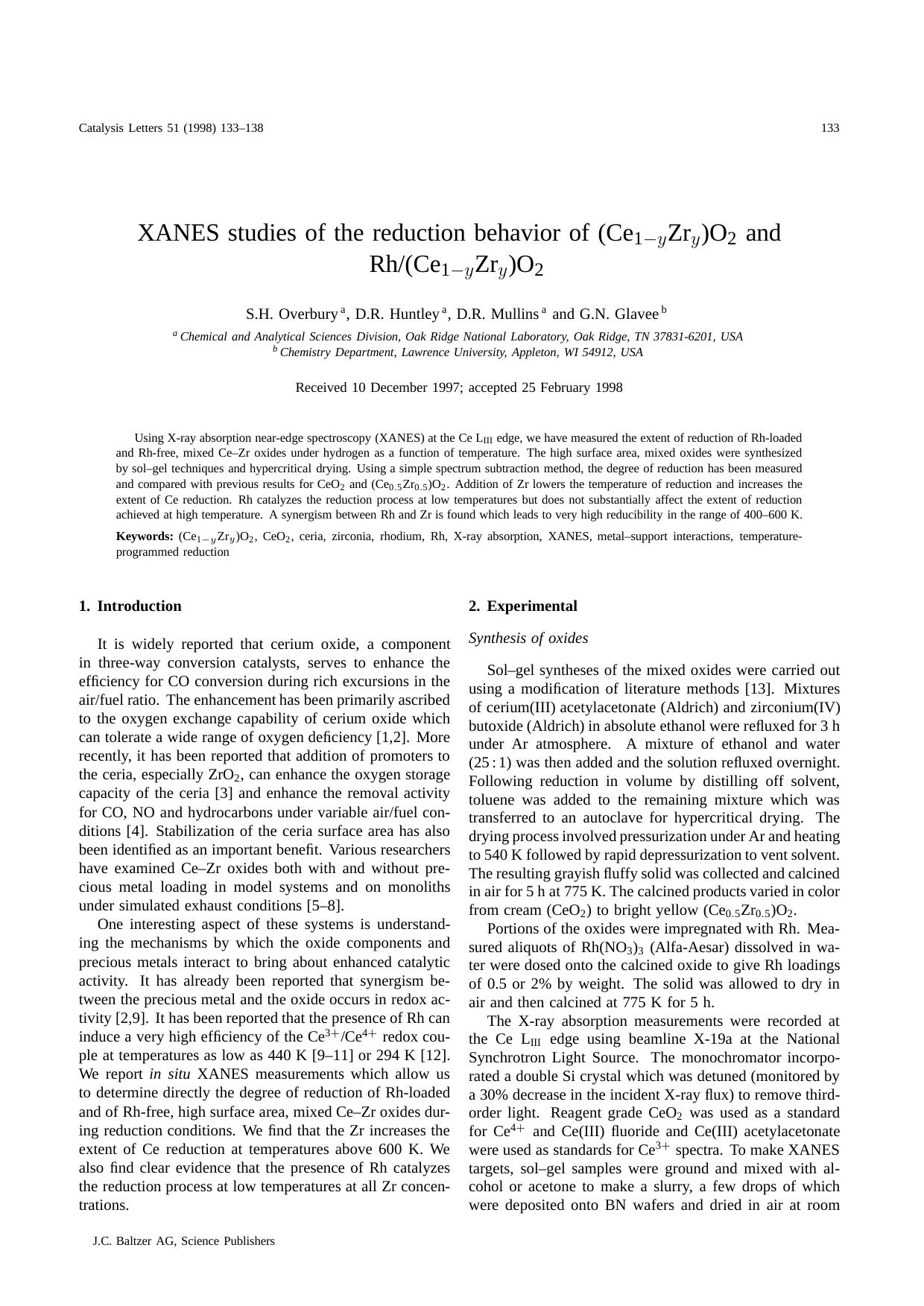XANES studies of the reduction behavior of (Ce<Subscript>1-y<Subscript>Zr<Subscript>y<Subscript>)O<Subscript>2<Subscript> and Rh(Ce<Subscript>1-y<Subscript>Zr<Subscript>y<Subscript by Unknown