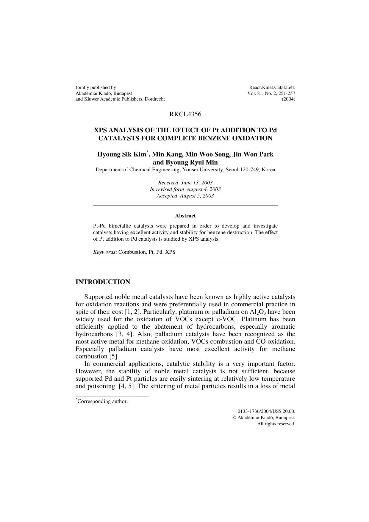 XPS analysis of the effect of Pt addition to Pd catalysts for complete benzene oxidation by Unknown