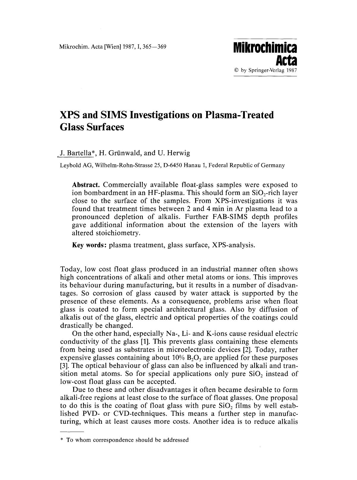 XPS and SIMS investigations on plasma-treated glass surfaces by Unknown