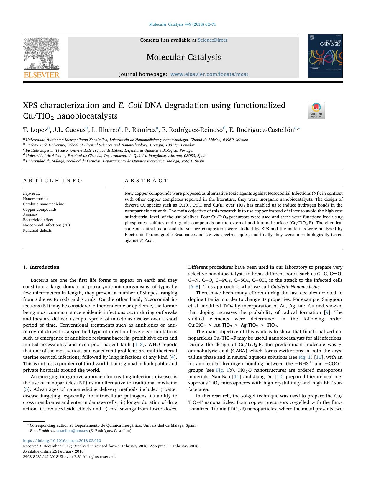 XPS characterization and E. Coli DNA degradation using functionalized CuTiO2 nanobiocatalysts by T. Lopez & J.L. Cuevas & L. Ilharco & P. Ramírez & F. Rodríguez-Reinoso & E. Rodríguez-Castellón