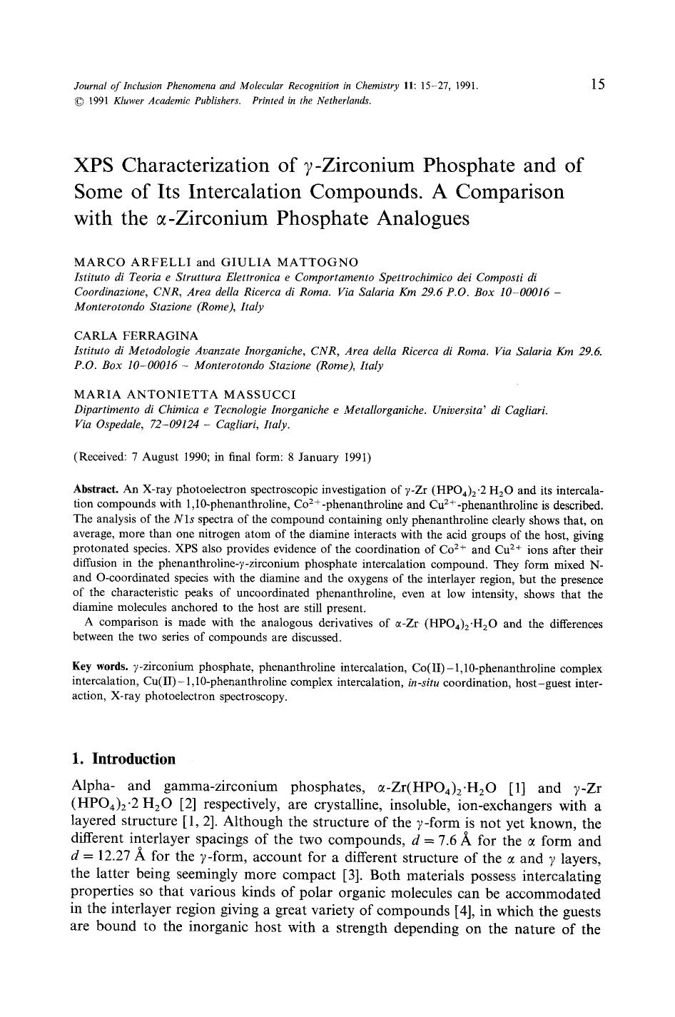 XPS characterization of <Emphasis Type="Italic">&#x03B3; <Emphasis>-zirconium phosphate and of some of its intercalation compounds. A comparison with the &#x03B1;-zirconium phosphate analogues by Unknown