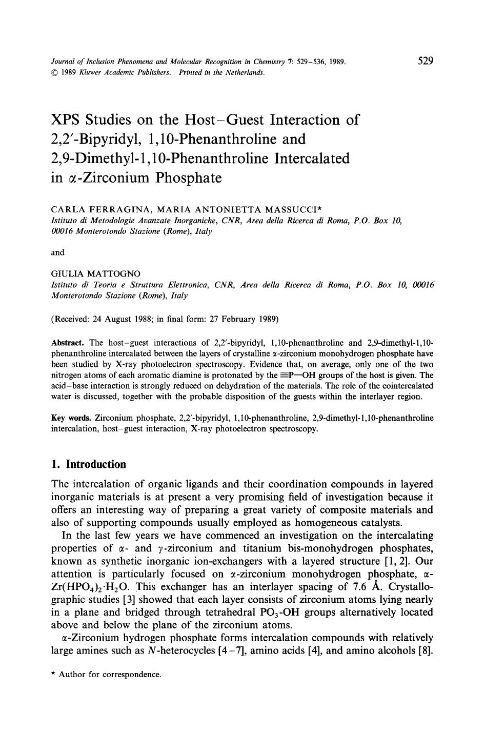 XPS studies on the host-guest interaction of 2,2&#x2032;-Bipyridyl, 1,10-phenanthroline and 2,9-dimethyl-1,10-phenanthroline intercalated in <Emphasis Type="Italic">&#x03B1; <Empha by Unknown