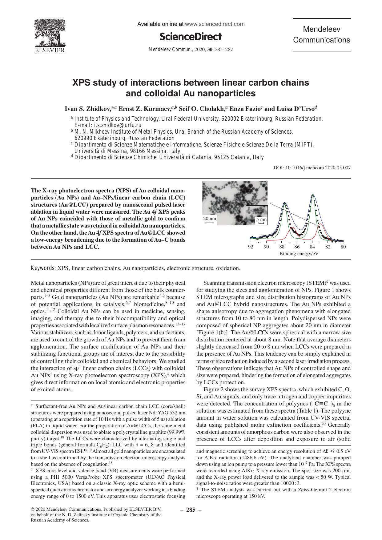 XPS study of interactions between linear carbon chains and colloidal Au nanoparticles by Ivan S. Zhidkov & Ernst Z. Kurmaev & Seif O. Cholakh & Enza Fazio & Luisa D’Urso