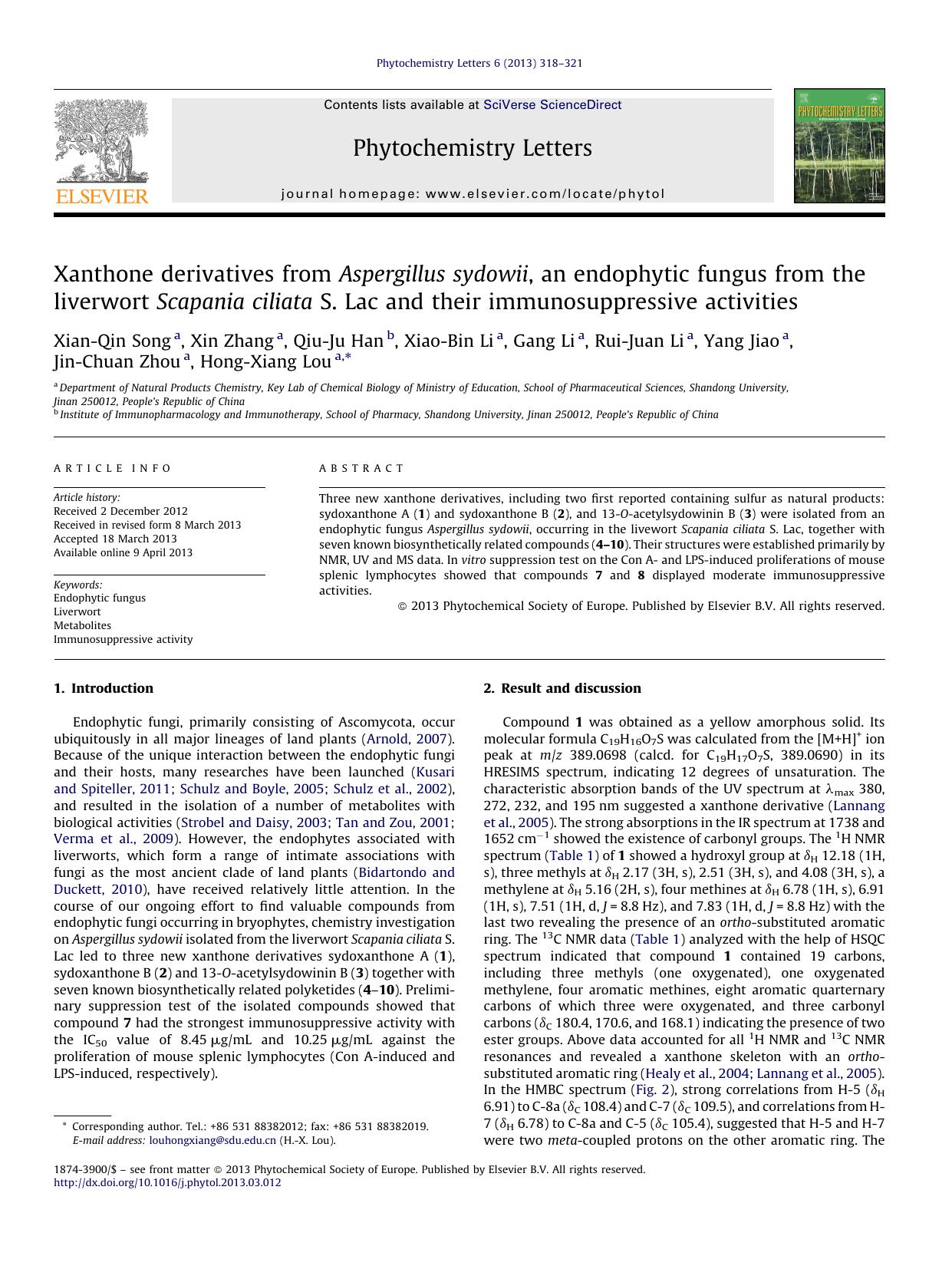Xanthone derivatives from Aspergillus sydowii, an endophytic fungus from the liverwort Scapania ciliata S. Lac and their immunosuppressive activities by Xian-Qin Song