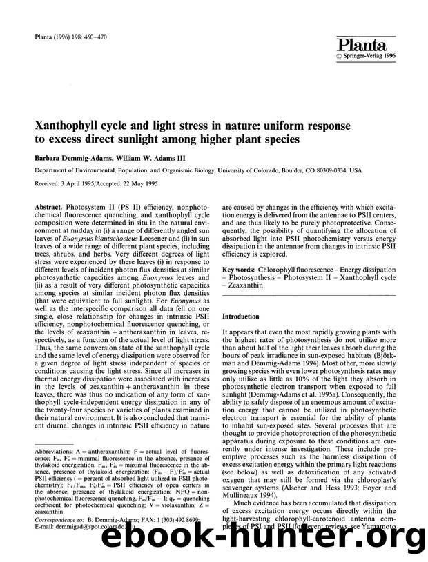 Xanthophyll cycle and light stress in nature: uniform response to excess direct sunlight among higher plant species by Unknown