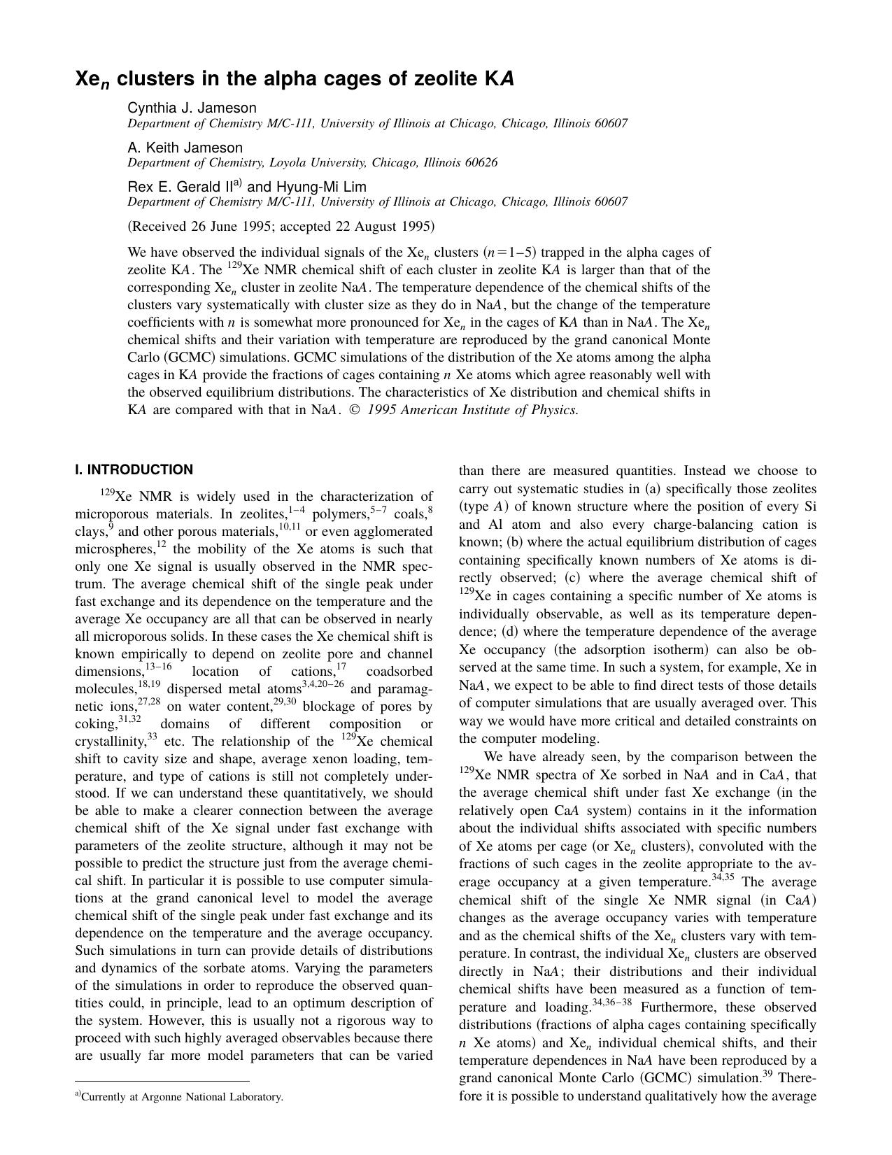 Xe n clusters in the alpha cages of zeolite K A by Cynthia J. Jameson & A. Keith Jameson & Rex E. Gerald II and Hyung-Mi Lim