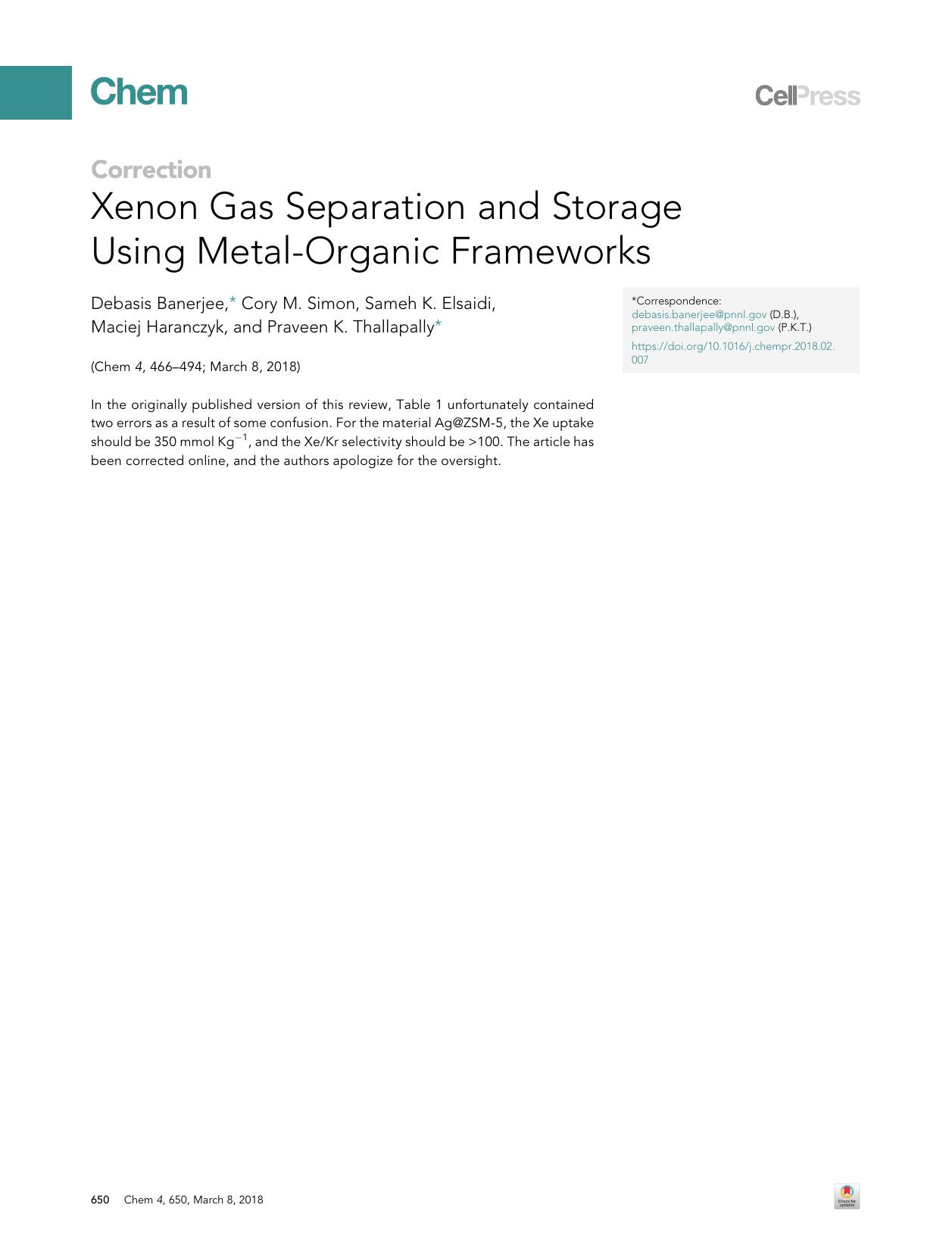 Xenon Gas Separation and Storage Using Metal-Organic Frameworks by Debasis Banerjee & Cory M. Simon & Sameh K. Elsaidi & Maciej Haranczyk & Praveen K. Thallapally