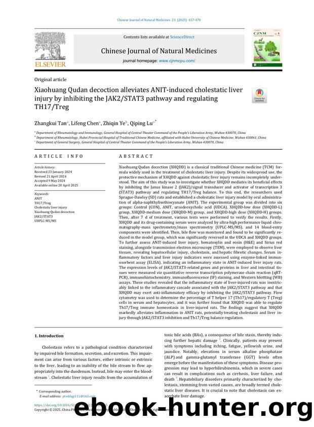 Xiaohuang Qudan decoction alleviates ANIT-induced cholestatic liver injury by inhibiting the JAK2STAT3 pathway and regulating TH17Treg by Zhangkui Tan & Lifeng Chen & Zhiqin Ye & Qiping Lu