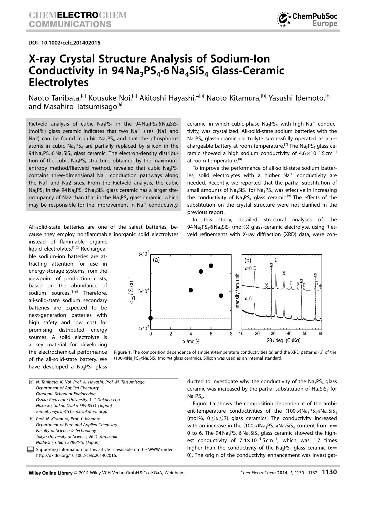 Xray Crystal Structure Analysis of SodiumIon Conductivity in 94Na3PS46Na4SiS4 GlassCeramic Electrolytes by Unknown