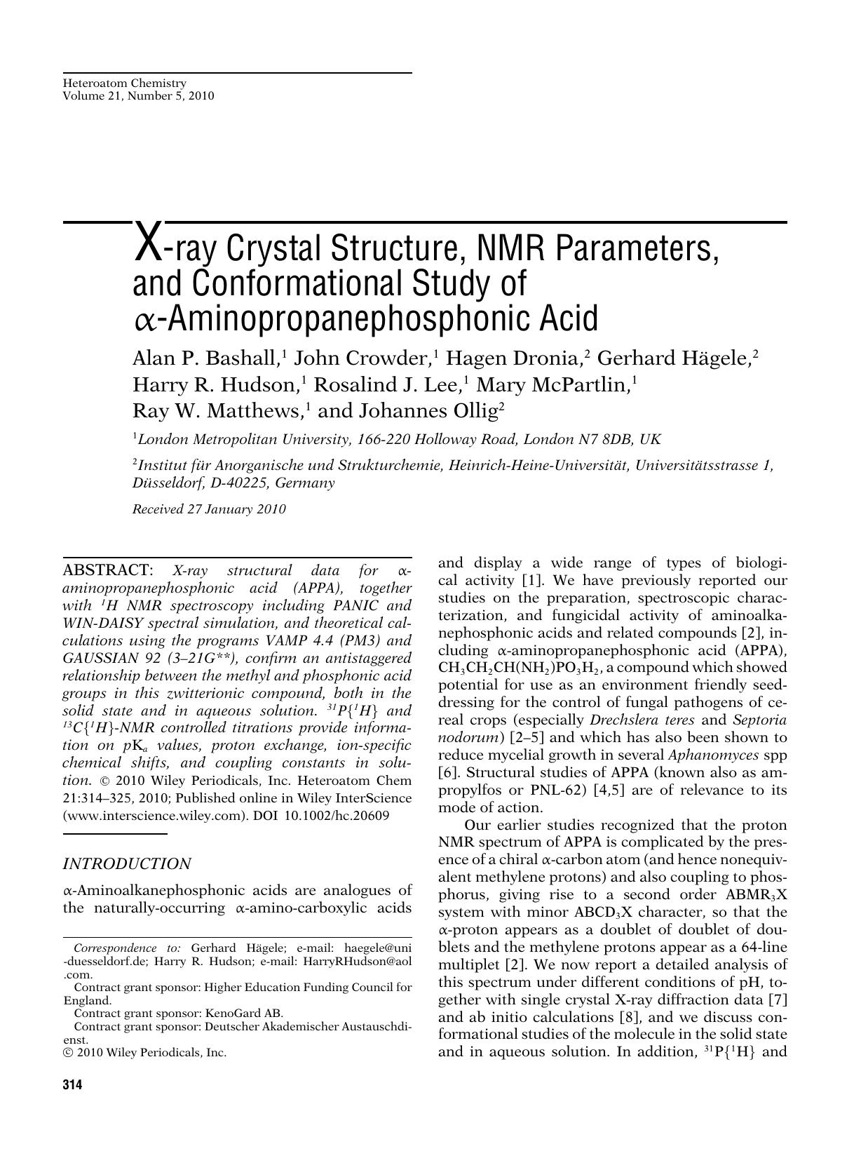 Xray crystal structure, NMR parameters, and conformational study of aminopropanephosphonic acid by s113TechBooks