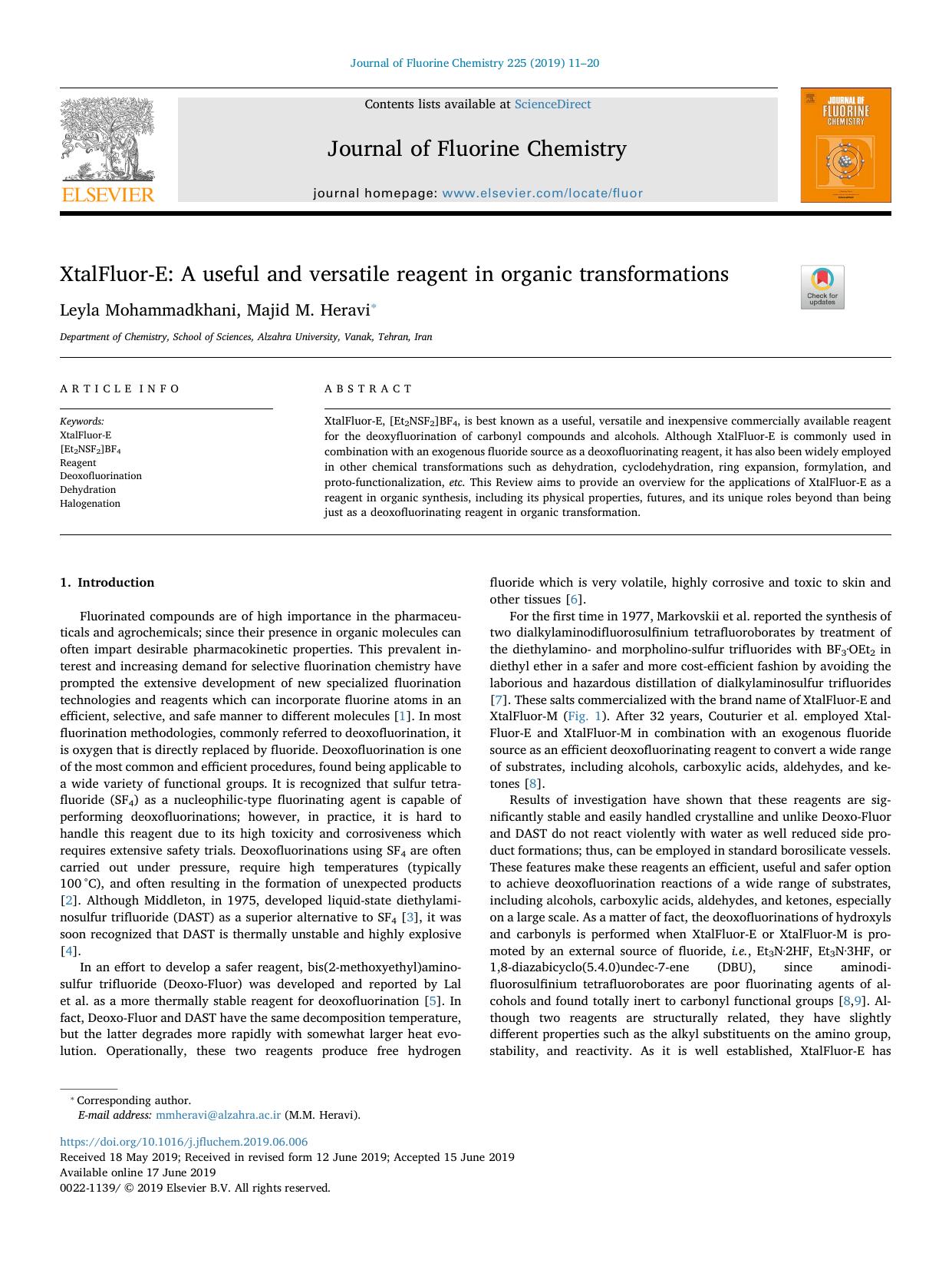 XtalFluor-E_ A useful and versatile reagent in organic transformations by Leyla Mohammadkhani & Majid M. Heravi