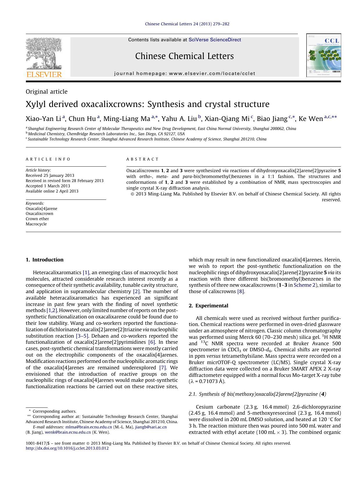 Xylyl derived oxacalixcrowns: Synthesis and crystal structure by Xiao-Yan Li