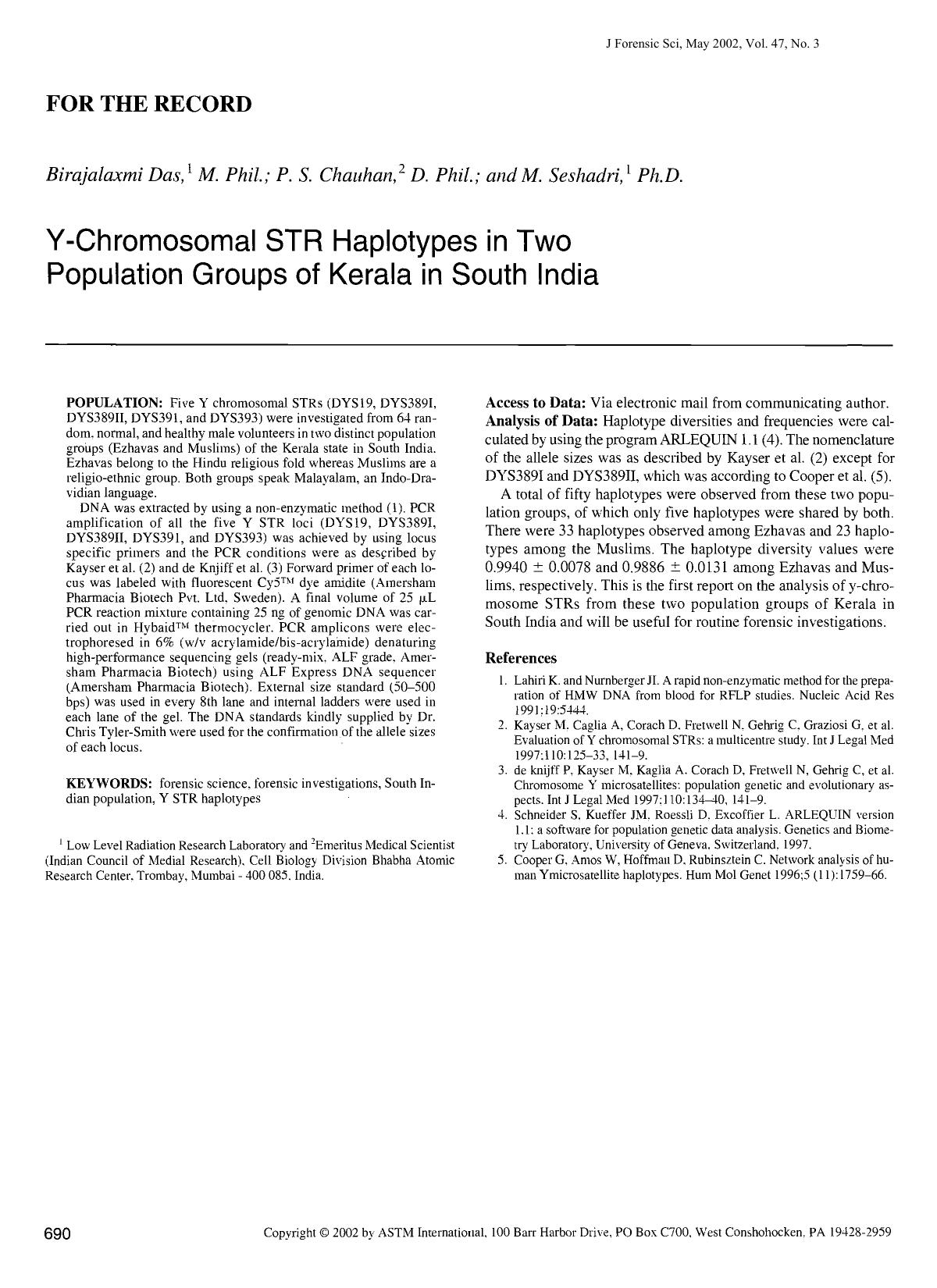 Y-chromosomal STR haplotypes in two population goups of Kerala in South India by Das B Chauhan PS Seshadri M